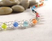 Triple Wrap Hand Knit non-tarnish Silver Tone Wire Bracelet with Multi colored glass beads