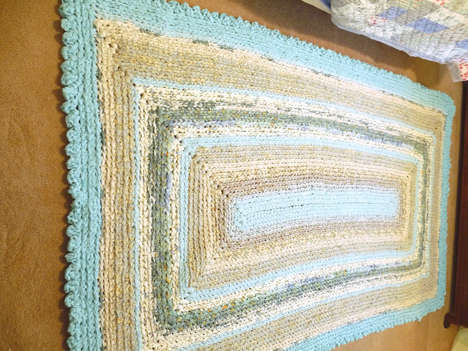 Handmade Cotton Crochet Rag Rug - CUSTOM ORDER Xtra Large 8.5 X 5.5 Shades of Aqua Rectangle with Scallop Edge