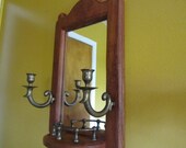 Wall sconce, candle holder, vintage mirror, wall hanging, wood frame, brass candle holder, wood and brass tray.