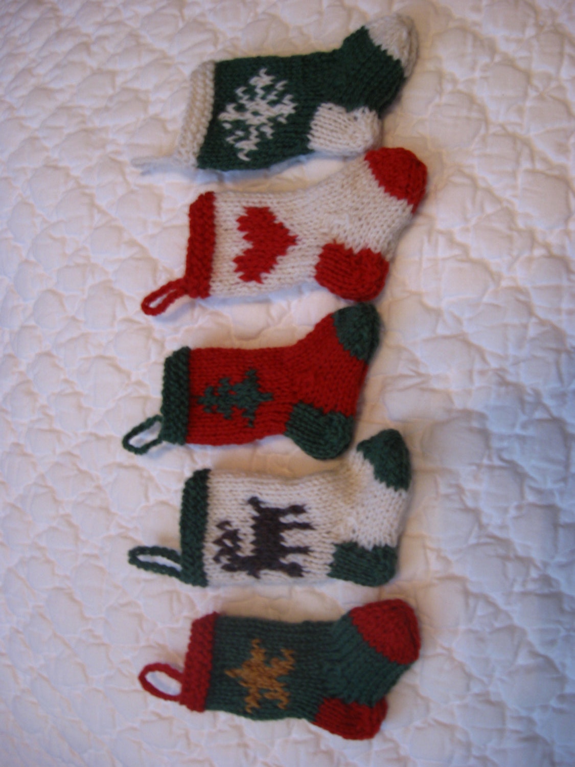 Hand-Knit Mini Christmas Icons Stockings     set of 5 featuring star, reindeer, tree, heart & snowflake
