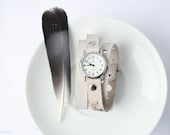 white beige milky leather bracelet wrap around wrist with engraved  feather with silver watch face - Free Shipping - petitJuJu
