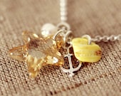 FREE SHIPPING - Beach Charm Necklace - Golden Swarovski Crystal Starfish Pendant, Silver Anchor, Pearl, Yellow Seashell Pendant