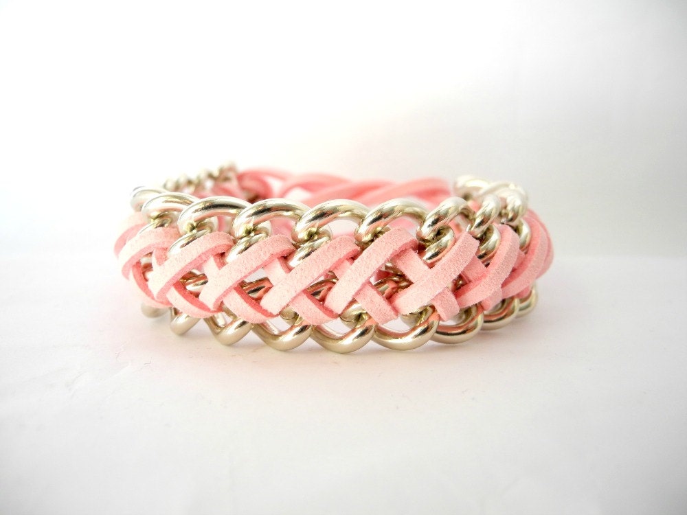 Braided bracelet,silver chain bracelet,pink suede and chain bracelet, Friendship bracelet, woven bracelet,pink, spring bracelet.