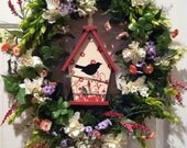 Birdhouse Wreath Traditional Elegant Luxury Spring Summer Door Wreath Mothers Day Wreath Floral Arrangement Housewares