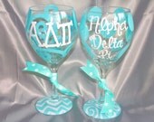 SET OF 2 Sorority Big Little Monogram Wine Glass Chevron Personalized Custom Name Sorority Beer Mug Alpha Delta Pi