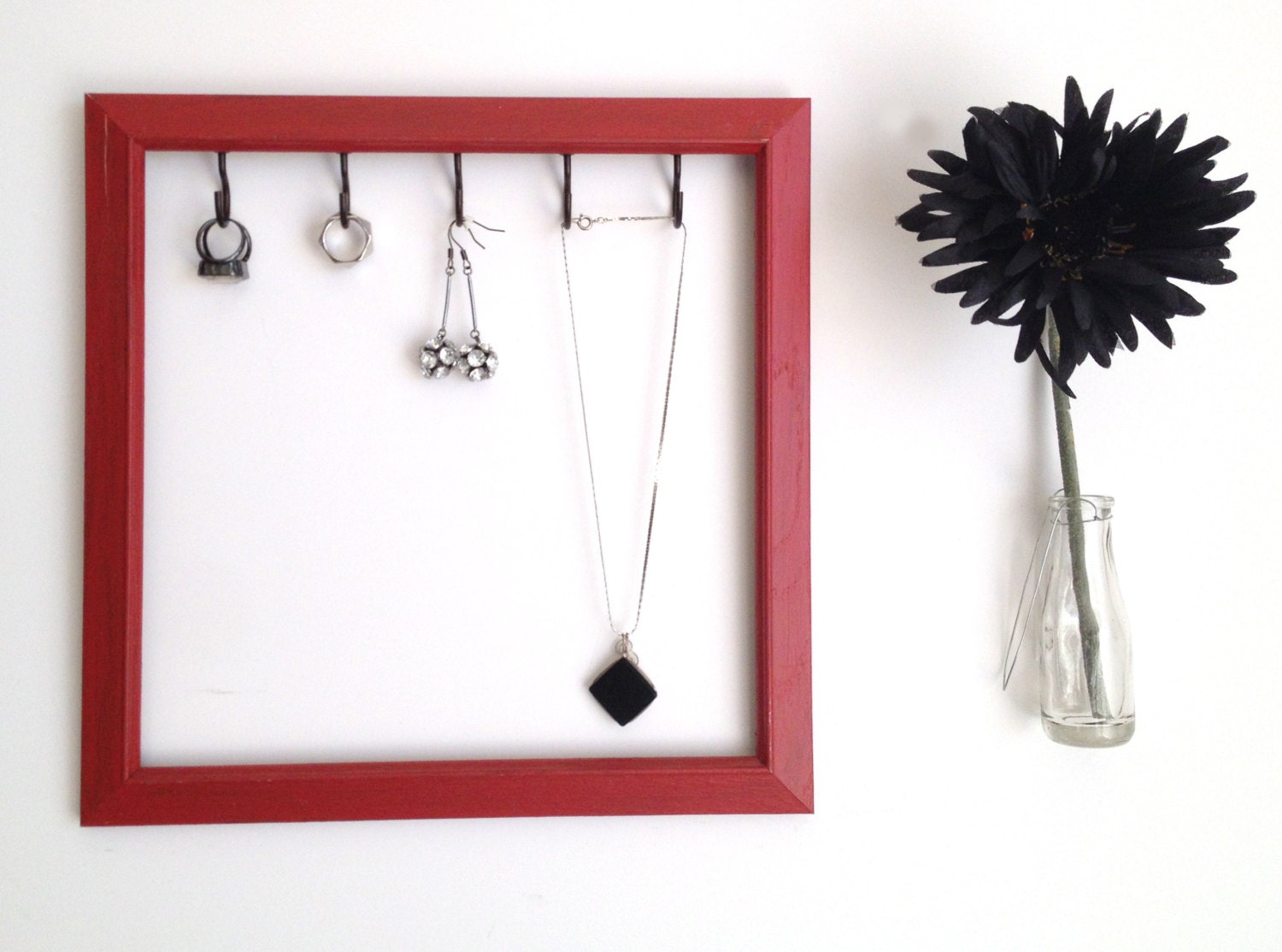 Firebrick Red Ring Necklace Jewelry Holder Organizer Frame Upcycled and Repurposed