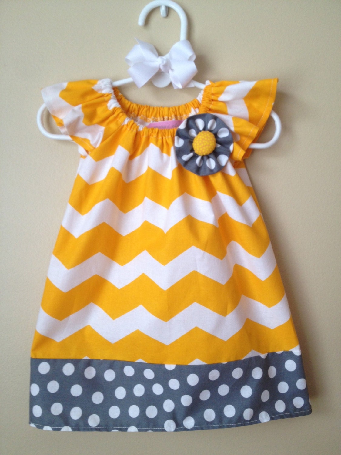 Baby Girl Yellow Chevron and Gray Polkadot Peasant Dress with Matching Hair Bow- 0 to 3 months - 6M - 12M - 18M - 2T - 3T - 4T