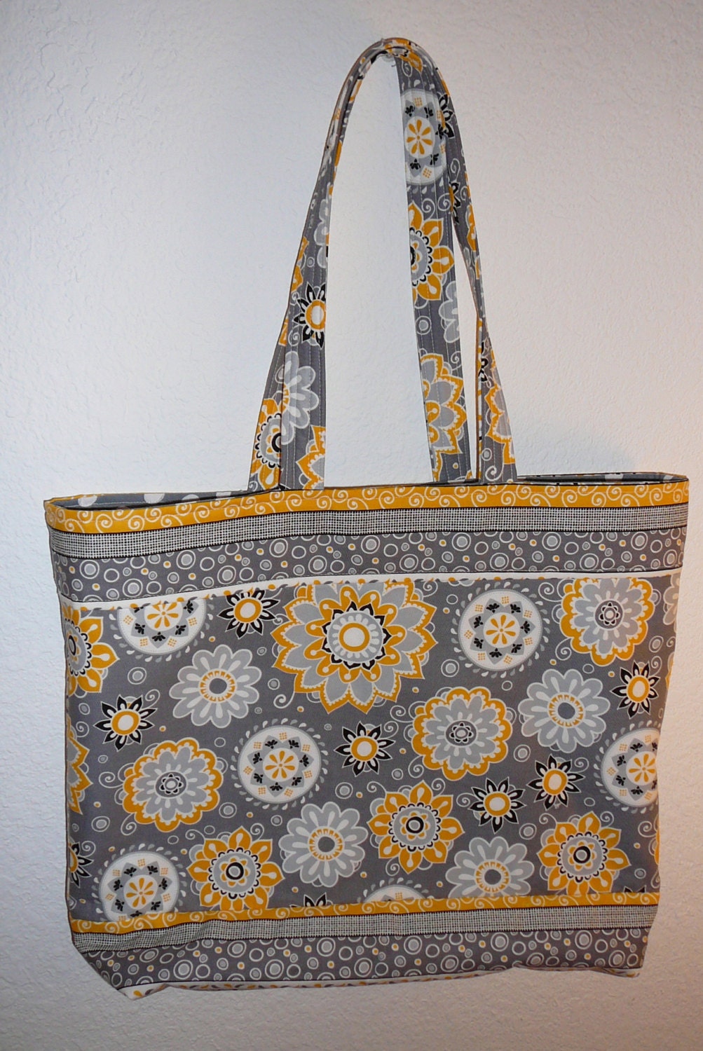 Large Handmade Cotton Printed Tote Bag, Multiple Patterns, Grey, Yellow & White with zippered pocket.  Could be a great diaper bag.