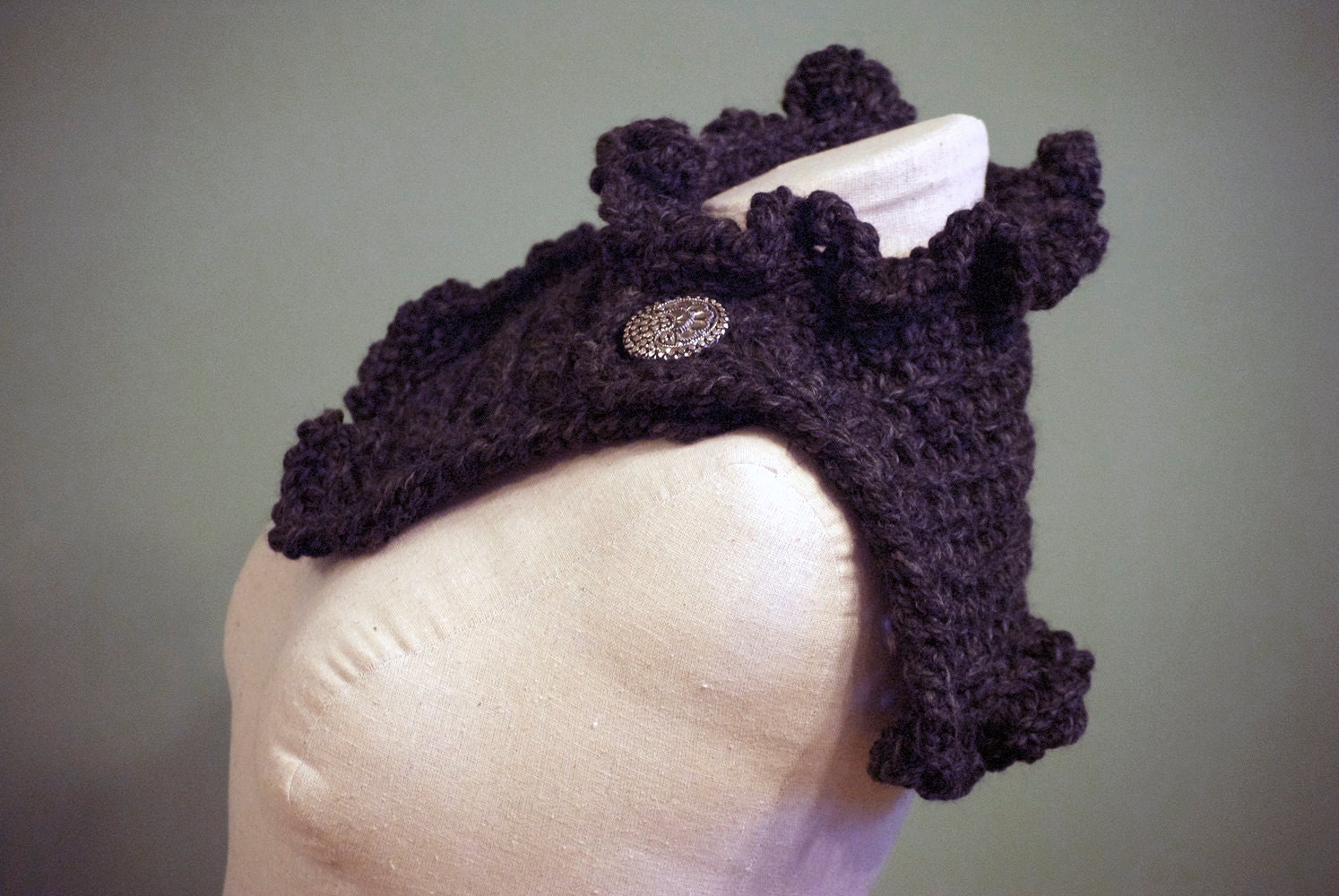 Hand Crocheted "Charcoal Grey" Neck ruffle, 20/80 Lambs Wool and Acrylic Blend, with Italian made sparkle fashion Button