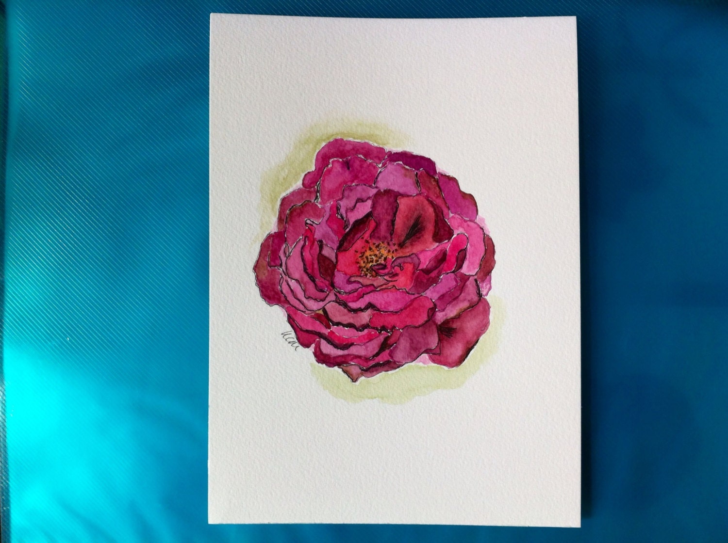 Dark Pink Rose Watercolour & Ink - Original Painting
