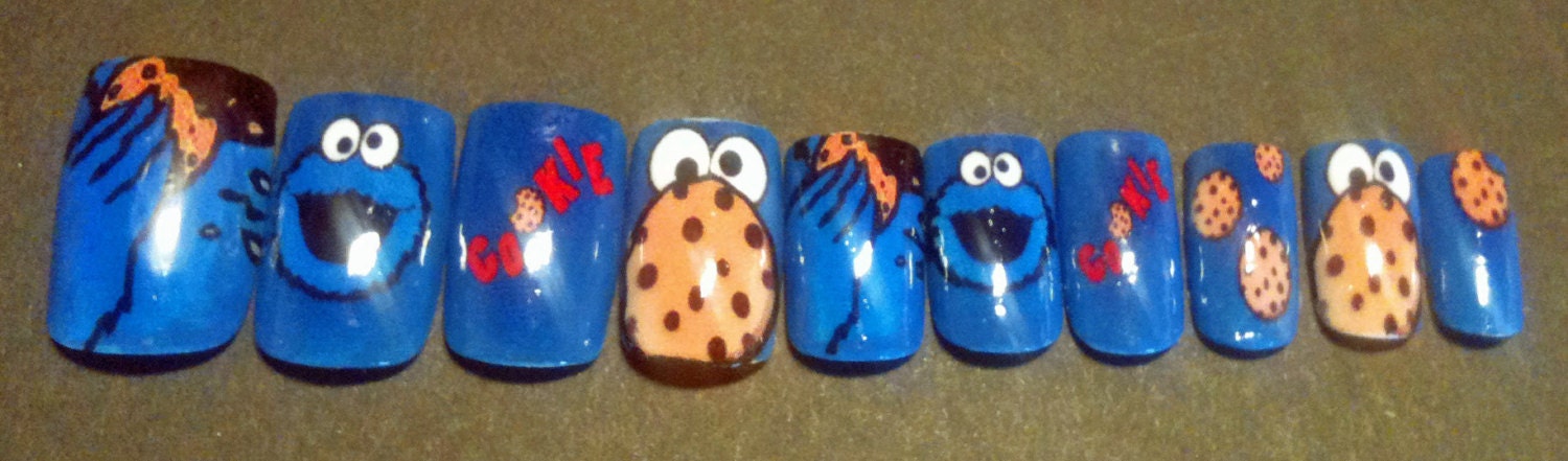 Printed acrylic nails, Cookie Monster design, glue included