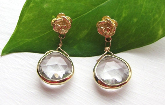 Crystal Quartz Bezel Set Dangle Earrings - Gold Rose Posts Gemstone Drop Earrings - Bridal Crystal Dangle Earrings - Wedding Jewelry