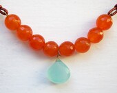 Orange Carnelian and Aqua Chalcedony Leather Necklace - Gemstone Copper Leather Cord Necklace - Spring/Summer Fun Statement Fashion Necklace