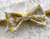 Yellow Small Handmade Bow Headband - Yellow Bow and Gold Sparkle Elastic - Baby Bow Headband - Fabric and Felt Bow - Pretty Little Elm