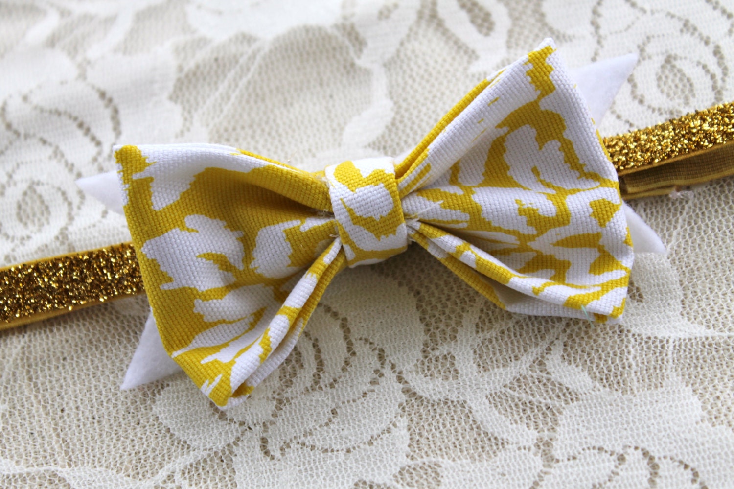 Yellow Small Handmade Bow Headband - Yellow Bow and Gold Sparkle Elastic - Baby Bow Headband - Fabric and Felt Bow - Pretty Little Elm