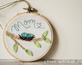 Mother's Day Embroidery and Felt Hoop Art with Customizable Colors and Fabric -  Tree Branch and Bird Nest on Linen
