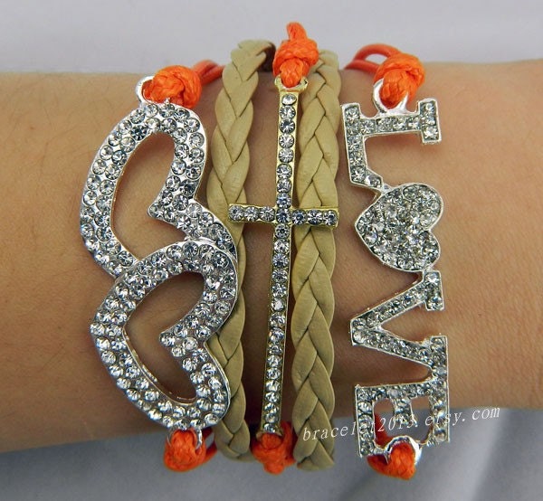 Have mutual affinity lovers bracelet-New Beaded Silver Crystal Curved LOVE,heart,Cross Bracelet,red and pale yellow leather diamond bracelet