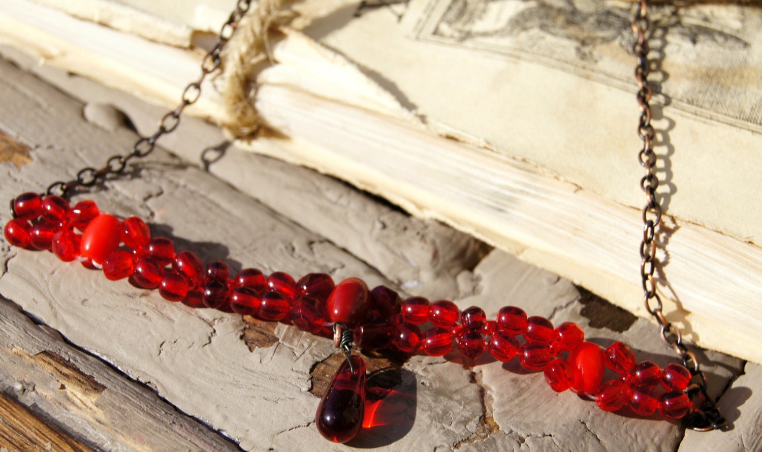 Free Shipping VINTAGE  (Unused NEW) Czech Crystal Glass Ruby Red Beeds Faceted Collar Necklace