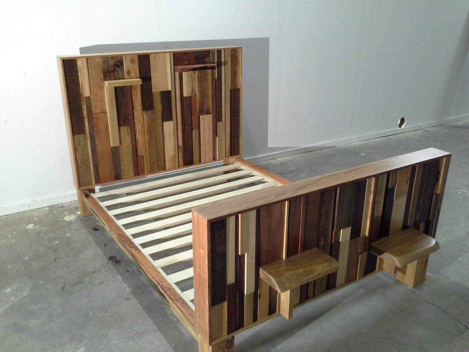 Queen bed - Upcycled wood in unique modern rustic stacked wood design