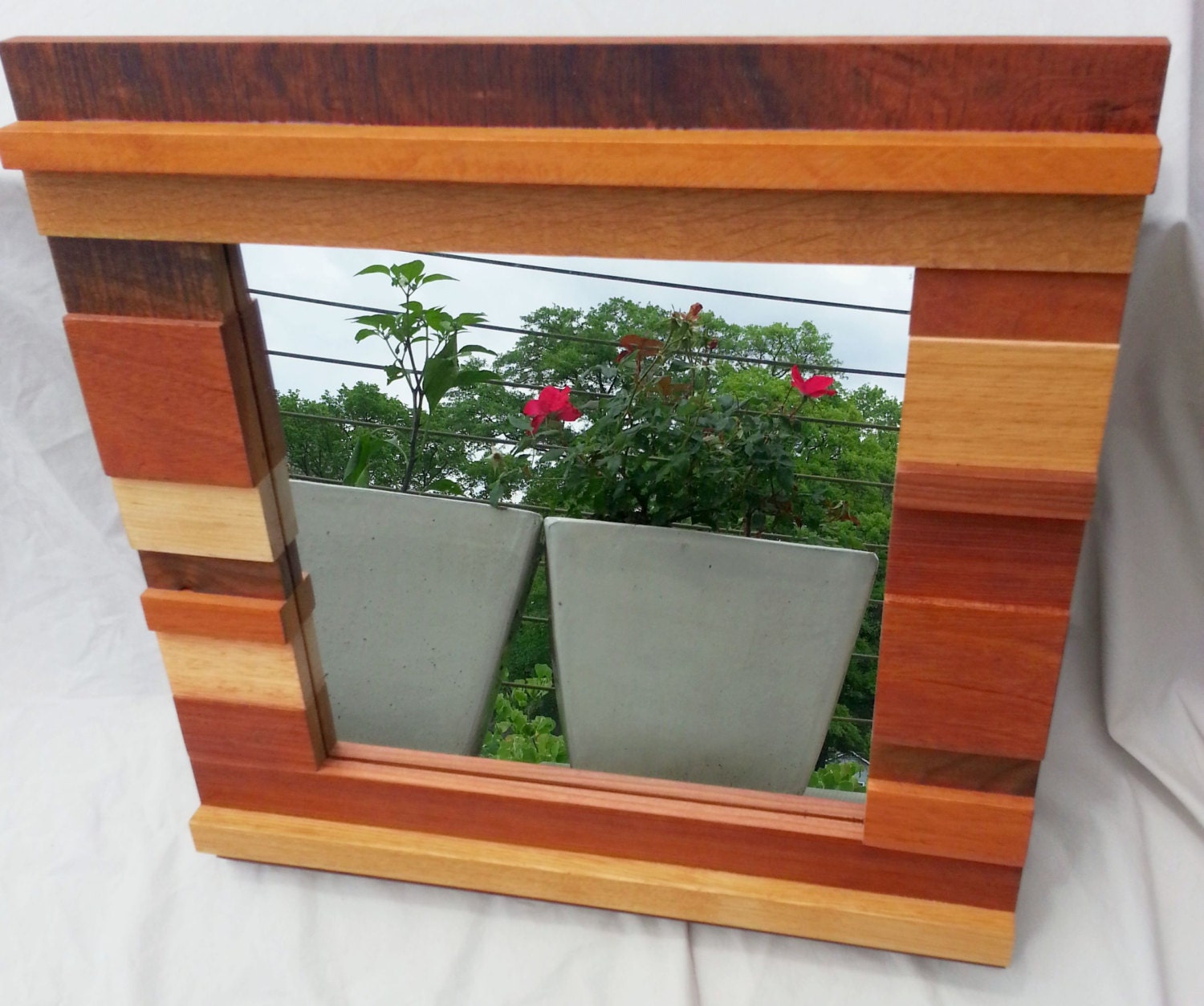 Modern rustic wood mirror - made with reclaimed wood in a unique stacked wood design (B)