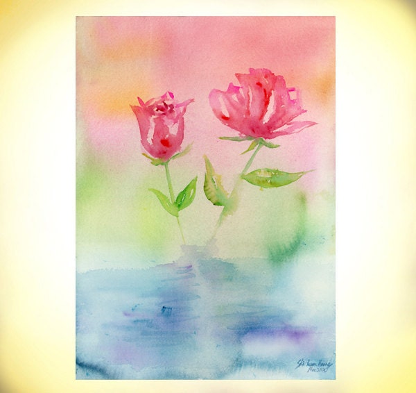 Roses,Abstract,8 x 10",Art Watercolor Painting print by Suisai Genki, Giclee Print, WALL ART, Blue, Green, Red, Purple, Orange, Yellow