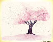Spring in Pink / Cherry Blossom, Hanami,  Watercolor Painting, Giclee Print, 5x7", by Suisai Genki, Pink, Pinky, Brown