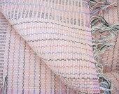 rag rug pale pink 40" x 25" pastel bedroom floor hand woven carpet bath mat recycled bedspread throw rug fringes 24