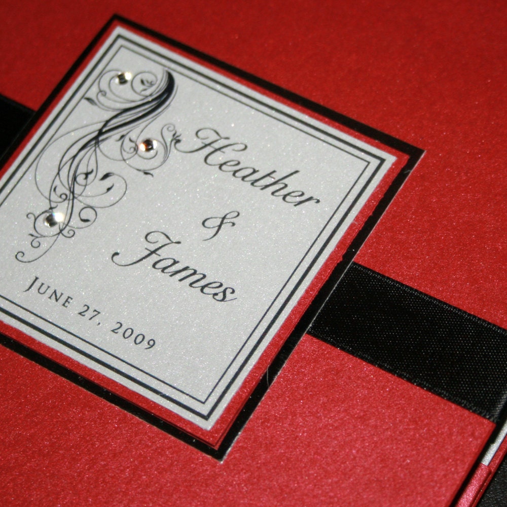 Wedding Invitations: Custom Handmade Pocketfold Wedding Invitations in Red Black Silver, Upscale Wedding Inviations