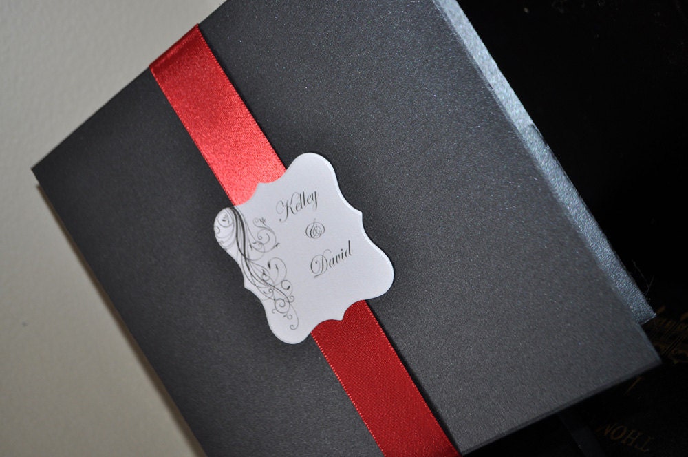 Wedding Invitations: Custom Handmade Pocketfold Wedding Invitations with red and black, custom die cut panels
