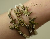 vintage Bronze Tone double magpies charm bracelet, leather bracelet,Love,Eternal,gift box,IB039