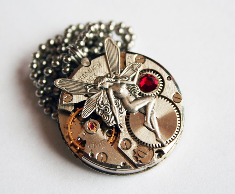 Steampunk Necklace - with Genuine Vintage Watch Movement, Red Swarovski crystal, Silvered Brass Fairy on a Stainless Steel chain