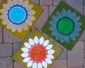 Three sunflower drawings in bright hues of Blue Orange Pink and Green, Original Mixed Media Art 12x12