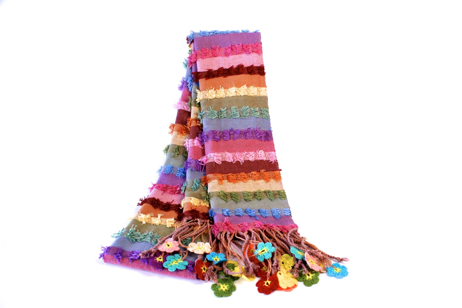 Multicolor handmade fashion scarf, soft texture, organic silk, cotton, crochet flowers, Mother's day, warm, spring scarf, birthday gift