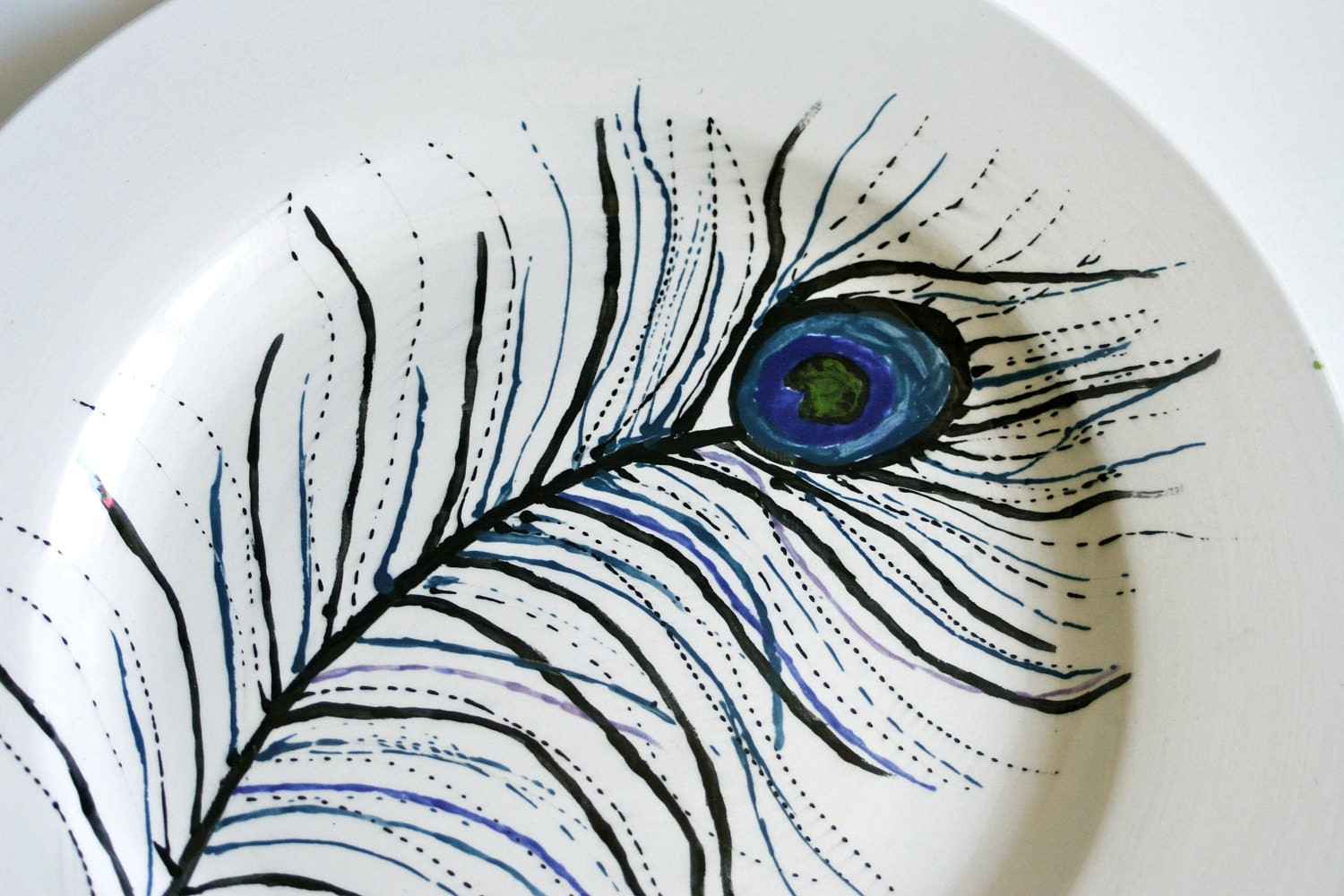 Elegant Peacock Feather Dinner Plate - Hand painted - Ready to Ship