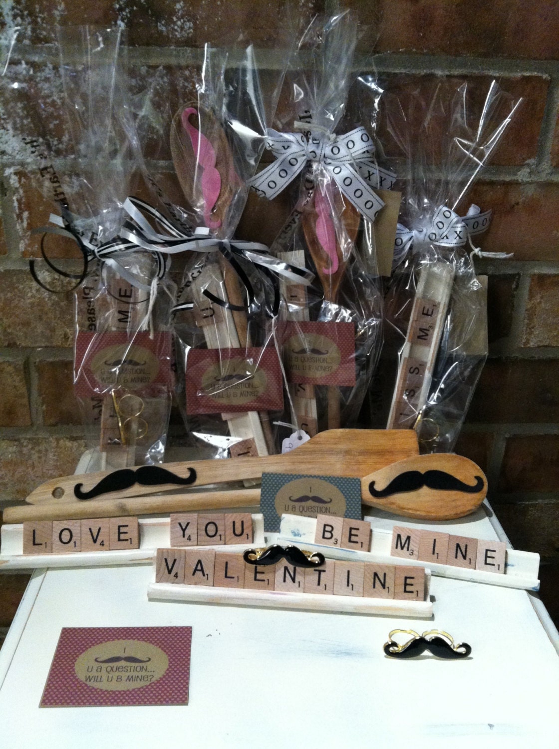 Handmade Valentine's Day gifts upcycled scrabble pieces mustache two finger ring vintage wood spoon
