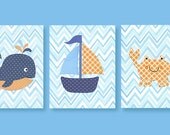 Orange and Blue Nursery Art, Chevron, Ocean Nursery, Whale, Sailboat, Crab, Boy Nursery, Nautical Nursery, 8 x 10 Prints, Cute Nursery Art