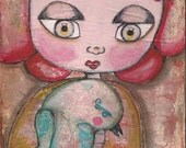 A5 Print, My little Blue Bird,flowers, kimono,red,