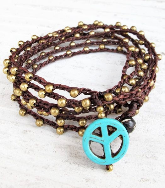 Turquoise Peace Sign Charm 7 x Wrap Crochet Bracelet or Double Necklace or 5 x Anklet