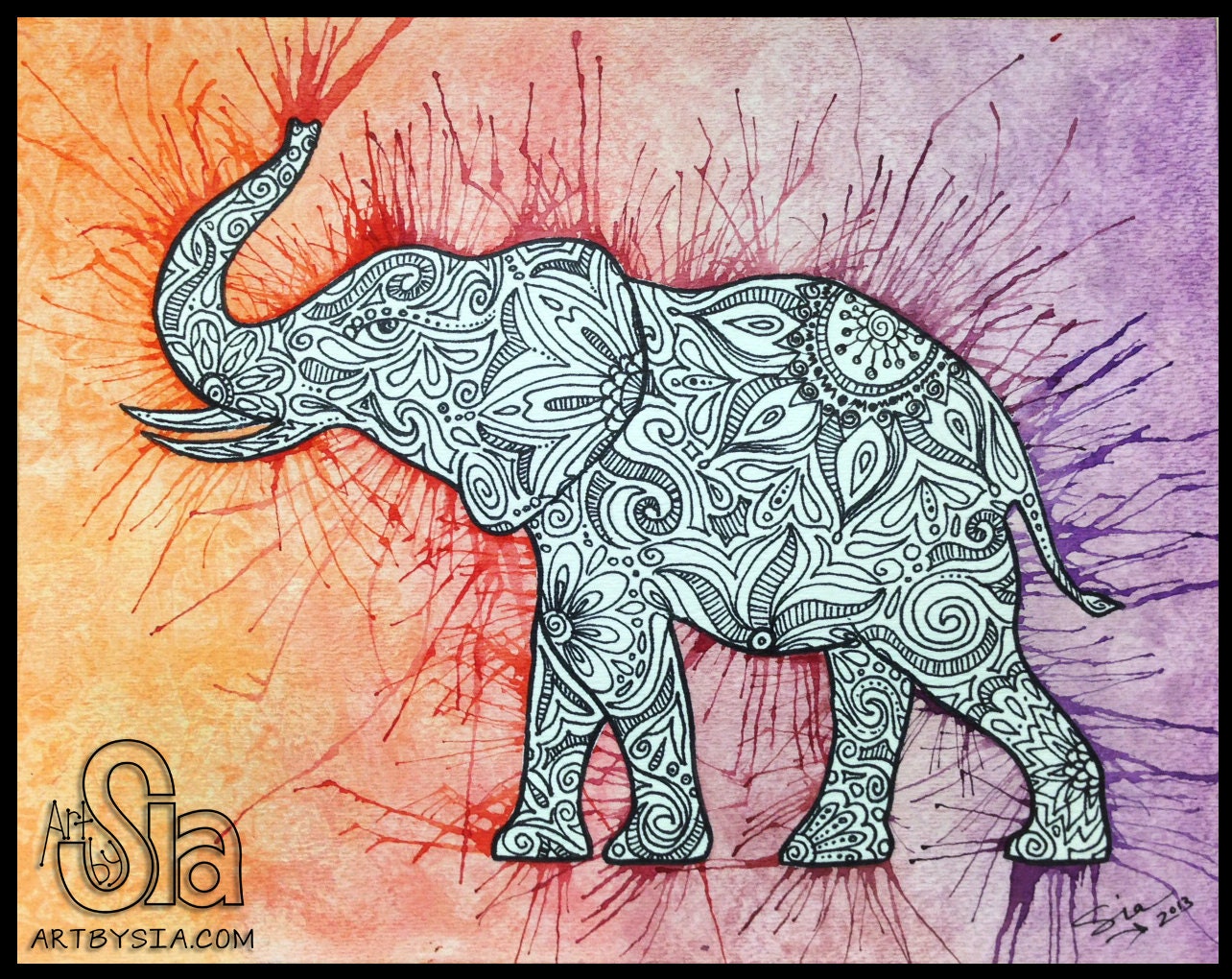 Watercolor Zentangle Elephant - ORIGINAL Painting Drawing - 8x10 - Pen & Ink - Home Decor - Wall Art