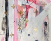 Abstract mixed media painting, pink, black, white and gold, 9"x12", "Armor"
