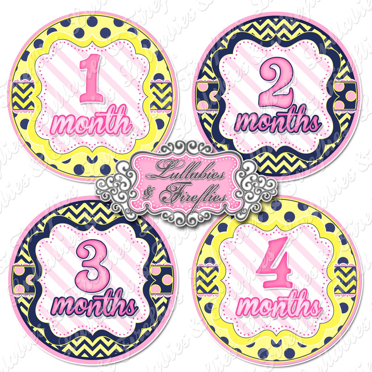 MONTHLY ONESIE Stickers, Girl Navy Pink Yellow Monthly Stickers, Baby Child Stickers, Baby Shower Gift, Newborn, Polka Dots, Chevron
