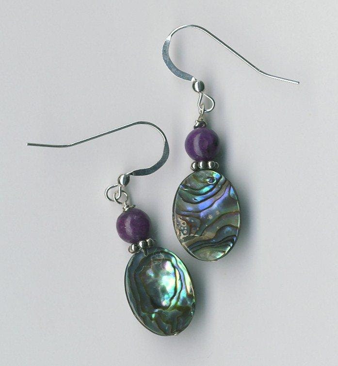 Abalone Shell and Purple Agate Round Bead Earrings