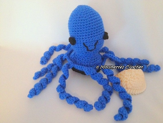 Large Blue Amigurumi Octopus Crocheted Plushie Toy Stuffed Animal Nautical Decoration