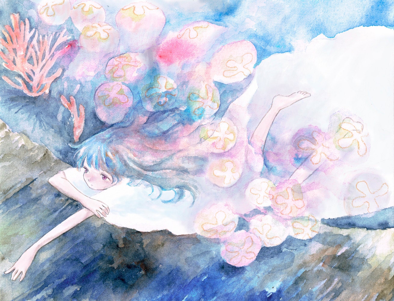 original illustration print "jellyfish girl"  Watercolor Painting