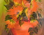 Oil on Canvas Original Painting - Sunflower in Clay Pot - 18" X 24", yellow and orange sunflower painting