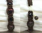 Handmade unisex unique red tiger eye, onyx, metal ball charms bracelet on knotting brown silk cord
