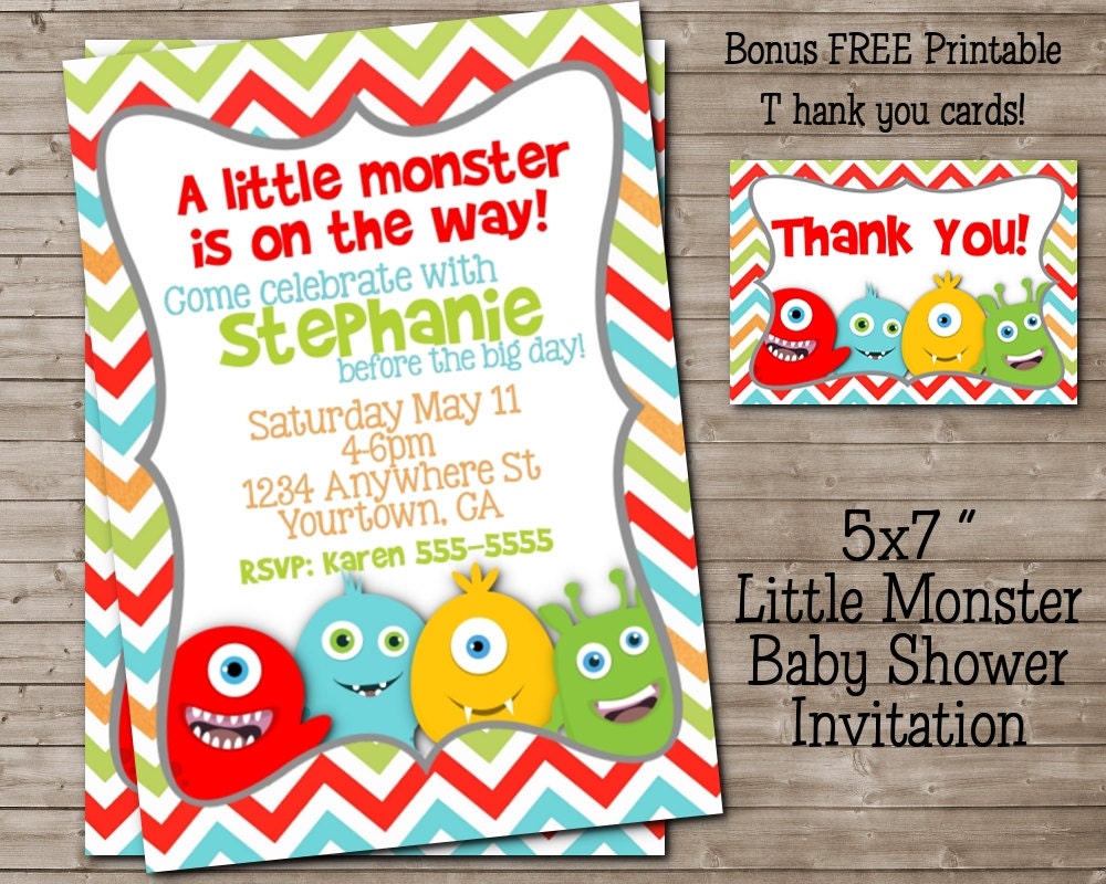 Printable LITTLE MONSTER Baby Shower Invitation & Thank You card for ...