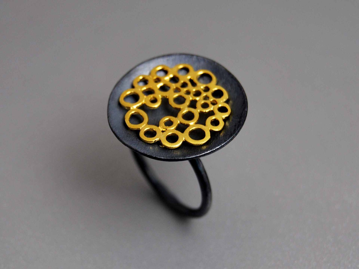 Golden Bubbles Statement Ring Sterling Silver Oxidized Black Patina Beautiful Contrast Sunny Accessory Chic Jewelry For Her