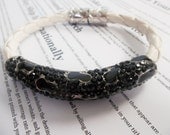 Bracelet-White Faux Leather Bangle Bracelet, Black Tube, Pave Crystal, Leather Jewelry, Gold Bangle, Crystal Bracelet
