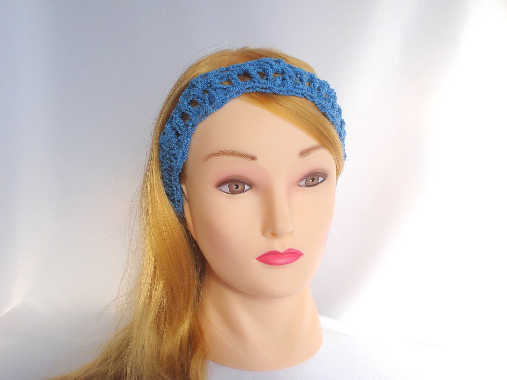 Blue tie headband Crochet head band Cotton no slip headband Womens Girls hair band Spring summer bohemian boho accessory Ecofriendly Gift